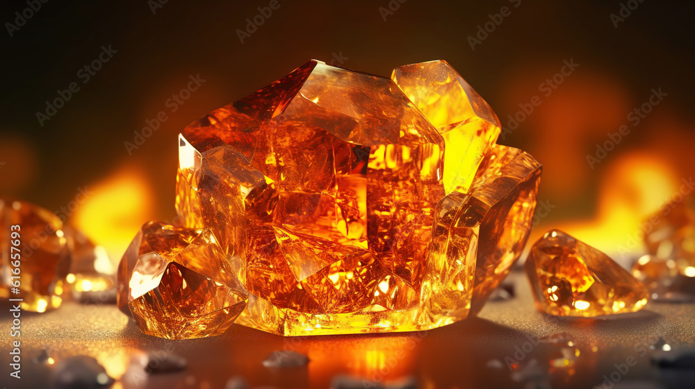 Amazing bright and shiny Amber crystal cluster background. Jewel mineral detailed macro. Generative 