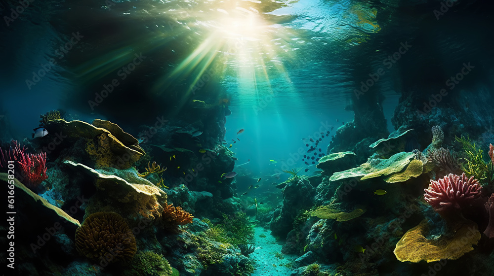 Underwater sunlight through the water surface seen from a rocky seabed with algae. Generative AI