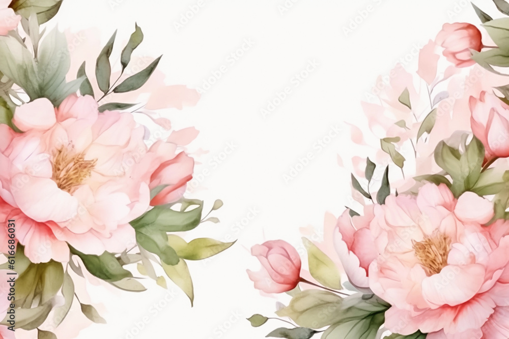 Watercolor floral background. Copy space with peonies flowers. Pastel colors. Generative AI