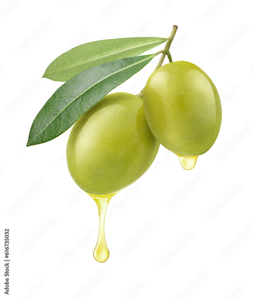 Olive oil dripping from fruits isolated on white background.