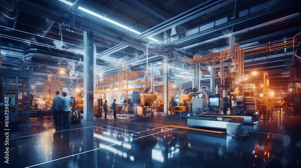 A futuristic image illustrating the concept of a smart factory. Advanced technology like AI, IoT and