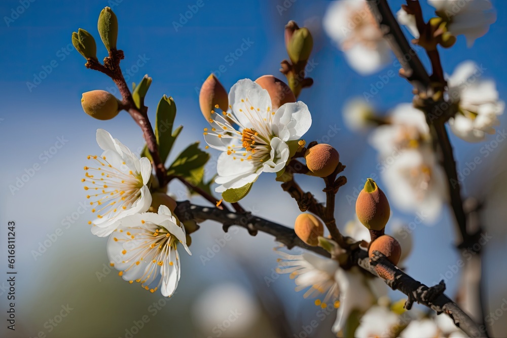 close-up view of a flowering tree with white blossoms. Generative AI