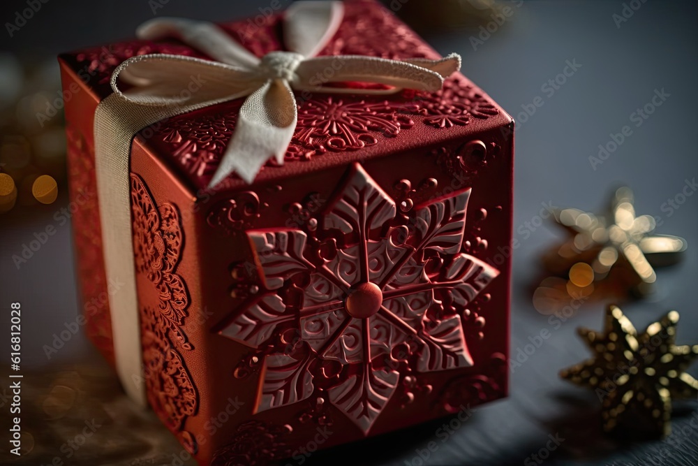 festive red gift box with white ribbon and snowflake adornment. Generative AI