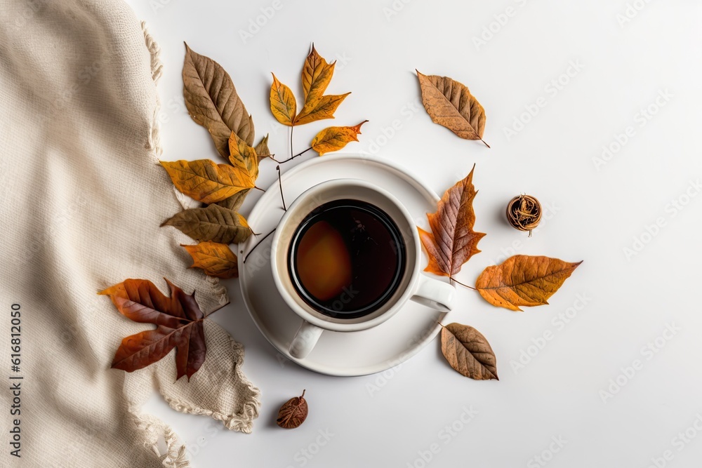 warm cup of coffee with fall leaves in the background. Generative AI