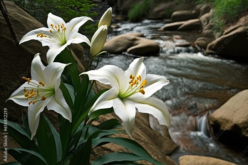 white flowers by a riverbank. Generative AI