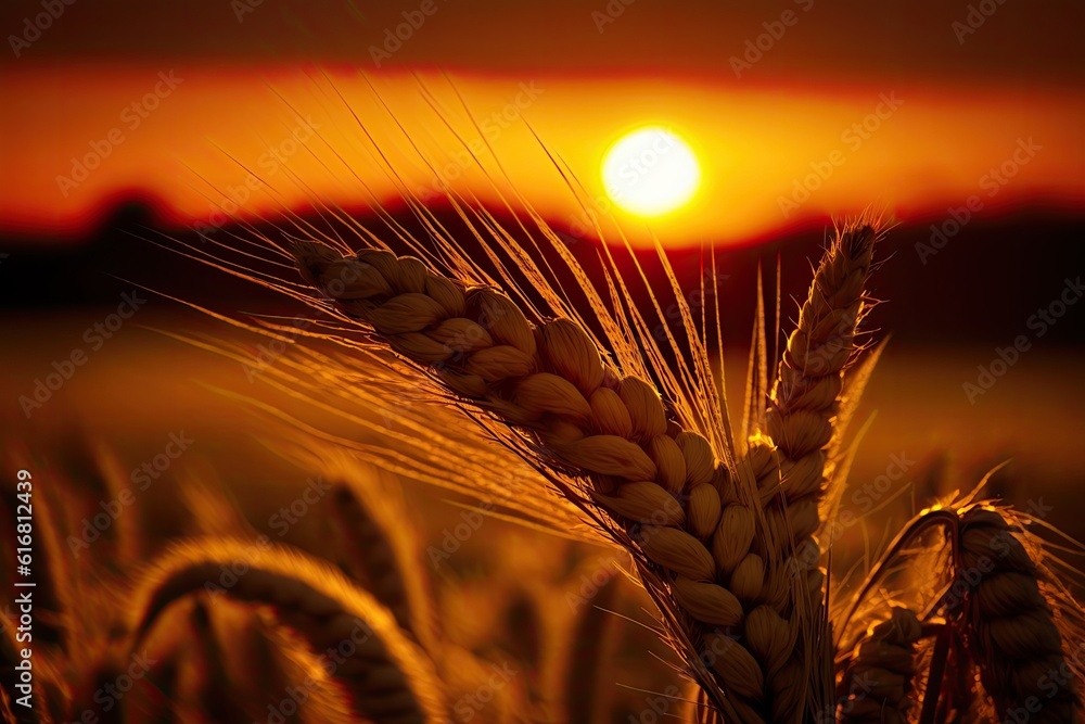 picturesque wheat field at sunset. Generative AI