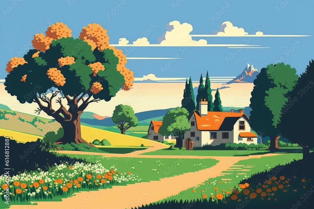 scenic country road leading to a charming house in the countryside. Generative AI