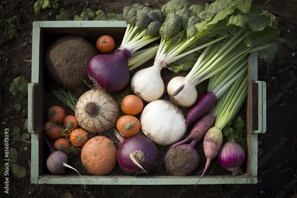 crate filled with assorted fresh vegetables. Generative AI