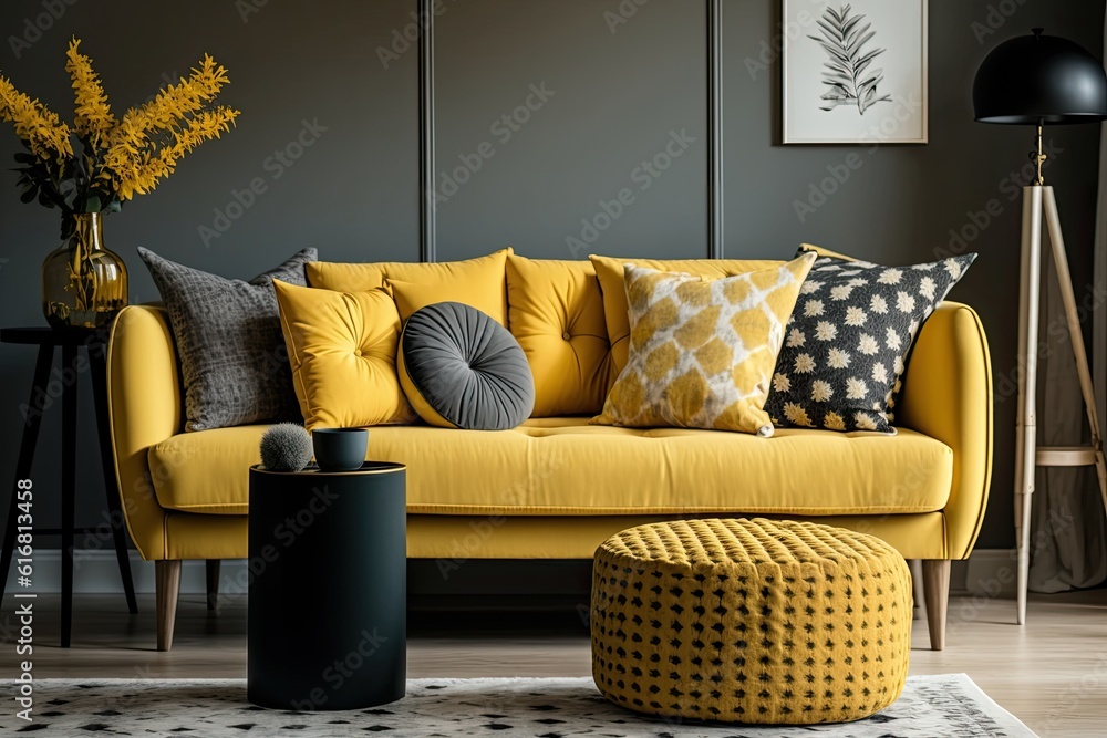 modern living room with yellow couch and black coffee table. Generative AI