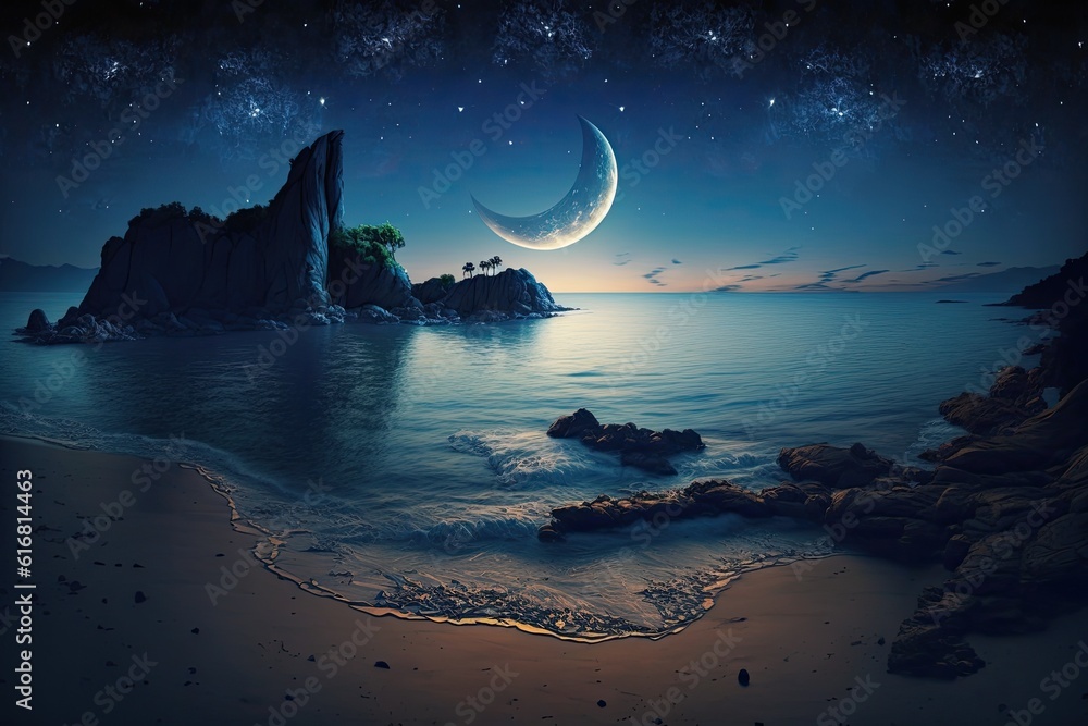 serene beach scene with a half moon shining bright in the night sky. Generative AI