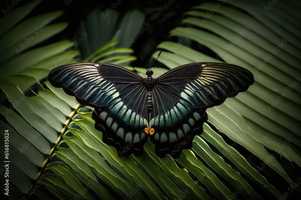 blue and black butterfly perched on a vibrant green leaf. Generative AI