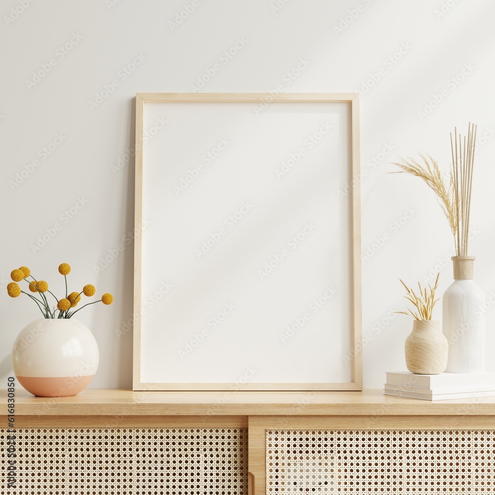 Mockup poster frame close up and accessories decor in cozy white interior background.