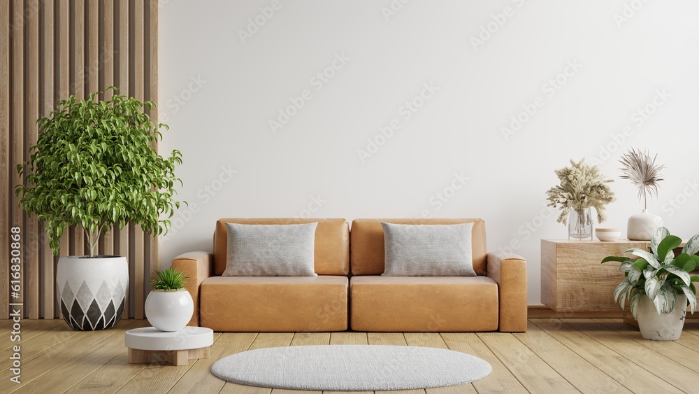 Modern living room wall mockup with leather sofa and decor on white background.