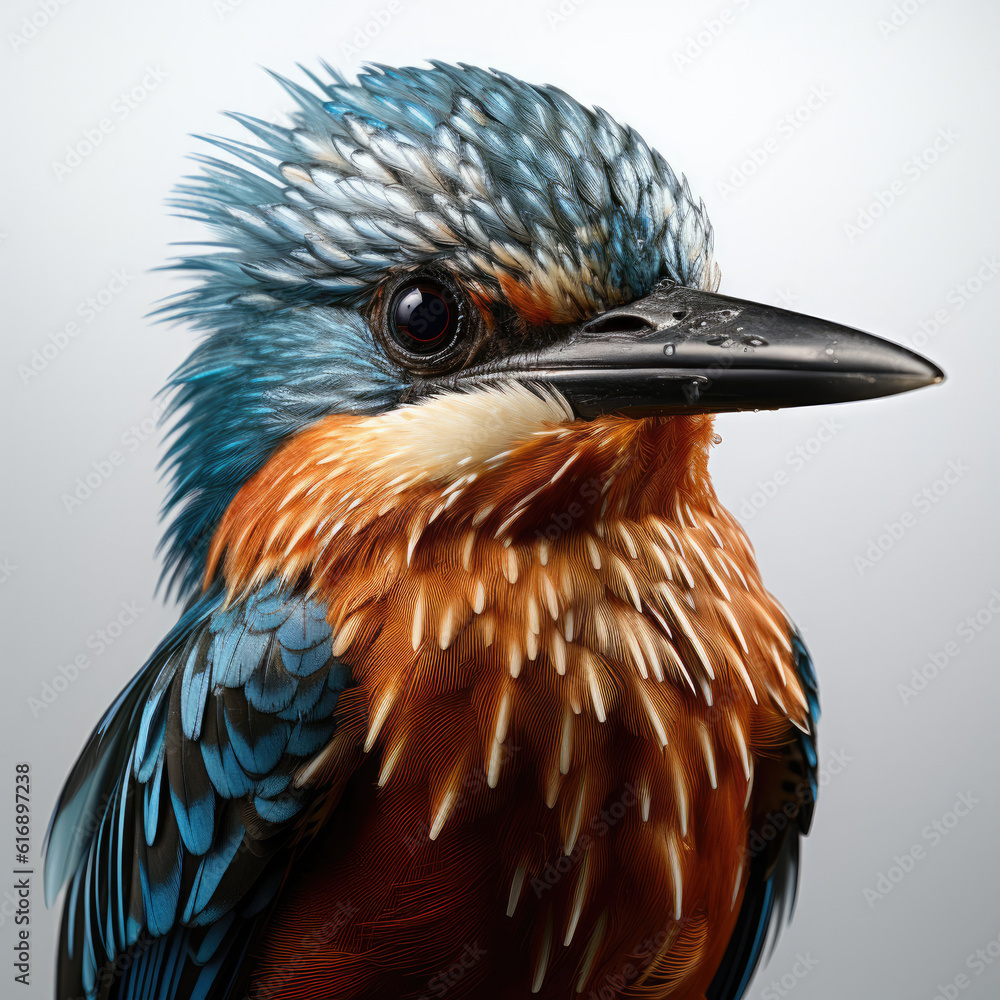 A captivating closeup shot of a Kingfisher (Alcedinidae) showcasing its high detail feathers and vib