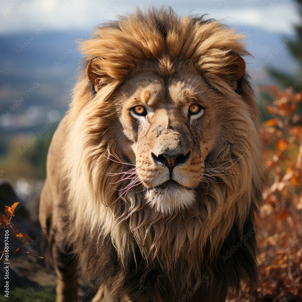 A majestic lion (Panthera leo) roaming the grassland with a commanding presence. Taken with a profes