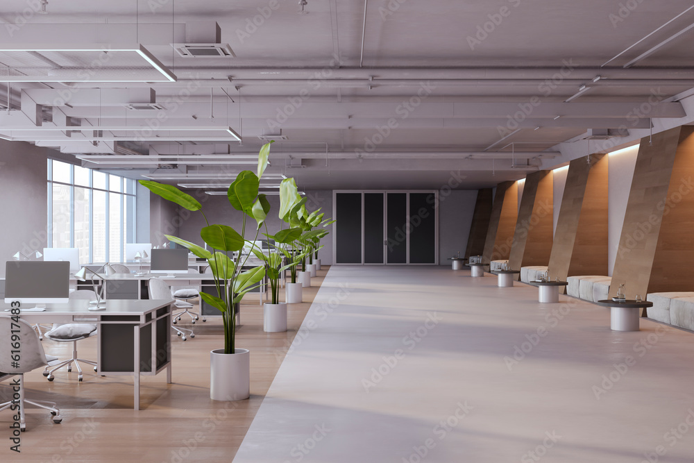 Modern coworking office interior with panoramic window and city view, equipment and furniture. 3D Re