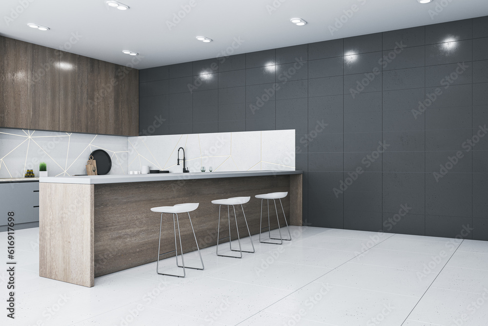 Perspective view of modern kitchen interior design with wooden and dark grey walls and tiles floor. 