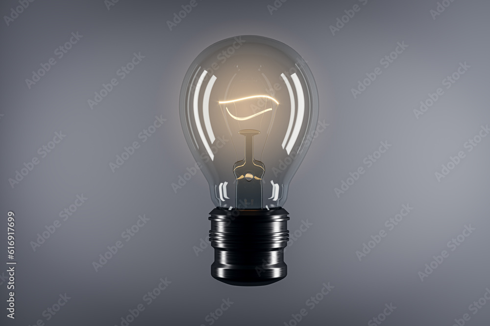 Creative glass light bulb with reflections and mock up place on gray background. Idea, success and i