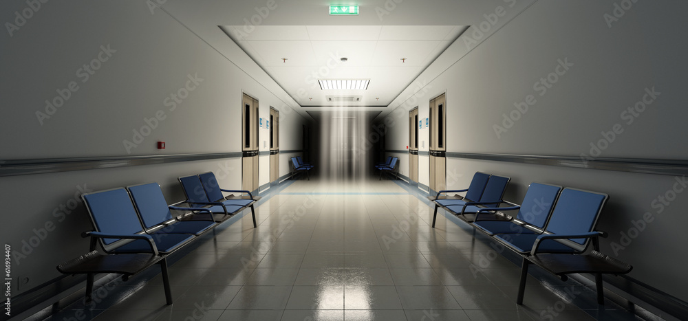 Long dark hospital corridor with rooms and seats 3D rendering. Empty accident and emergency interior