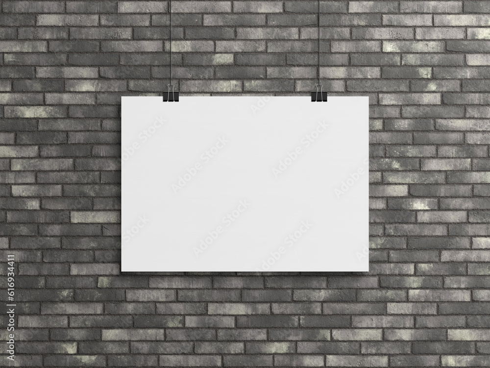 Blank horizontal poster hanging with clips on a brick wall Mockup. 3D rendering