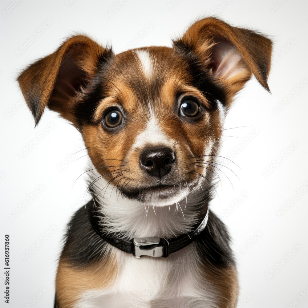 A curious Jack Russell puppy (Canis lupus familiaris) standing on its hind legs, looking attentively