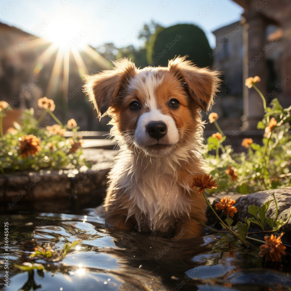 An adventurous puppy (Canis lupus familiaris) curiously exploring a charming garden fountain in Tusc