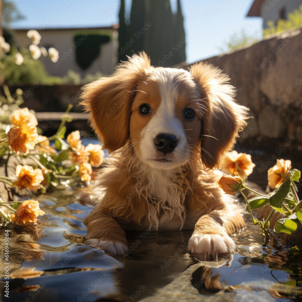 An adventurous puppy (Canis lupus familiaris) curiously exploring a charming garden fountain in Tusc