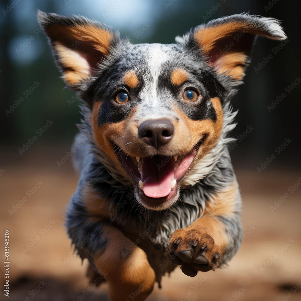 A playful Blue Heeler puppy (Canis lupus familiaris) running with excitement.