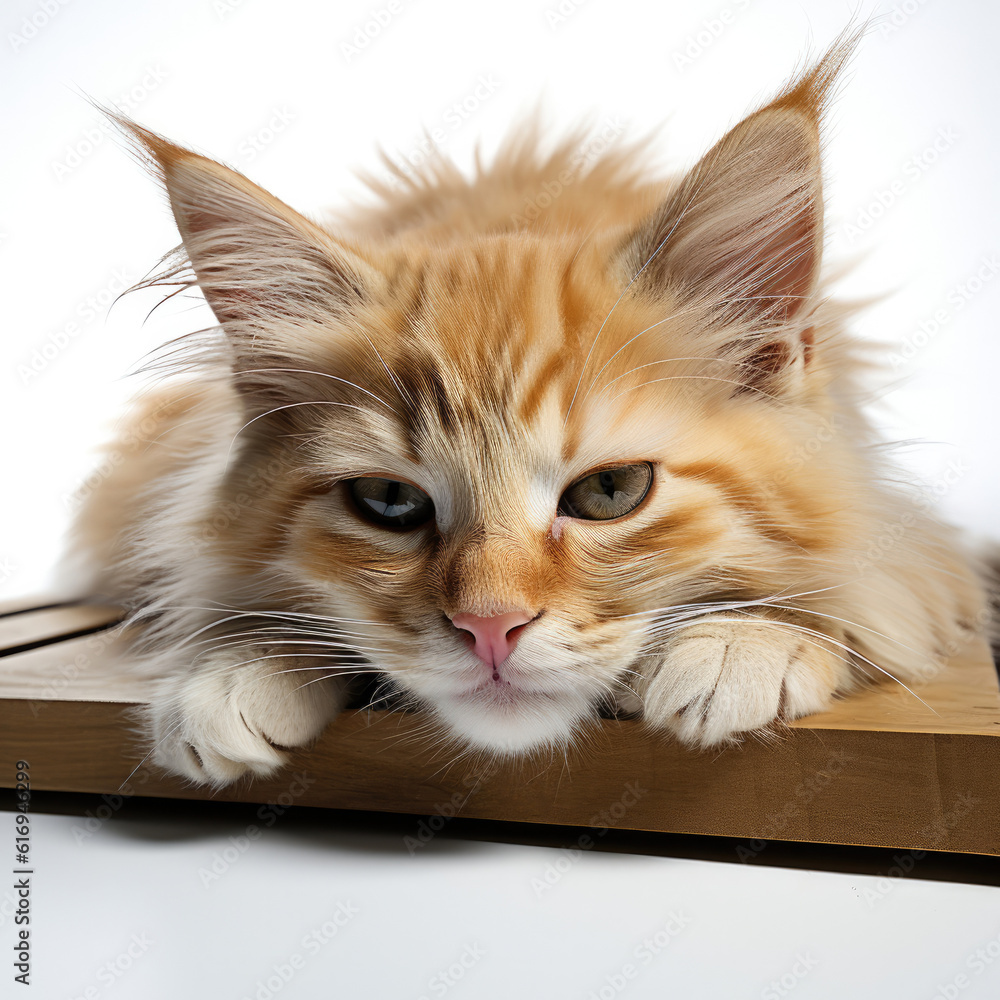 A cute Siberian Forest Cat kitten (Felis catus) curled up in a comfortable position.