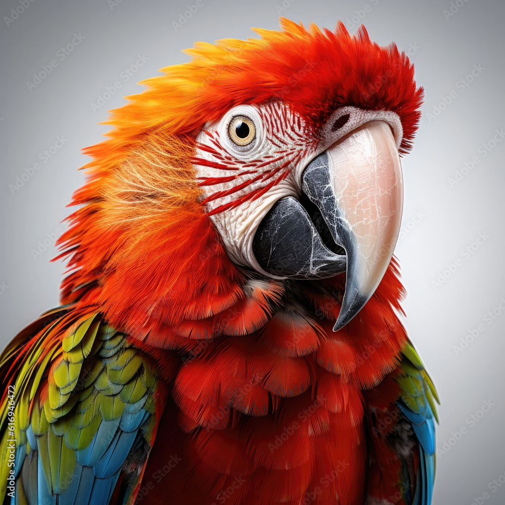 A vibrant closeup shot of a Scarlet Macaw (Ara macao) showcasing its high detail feathers and stunni