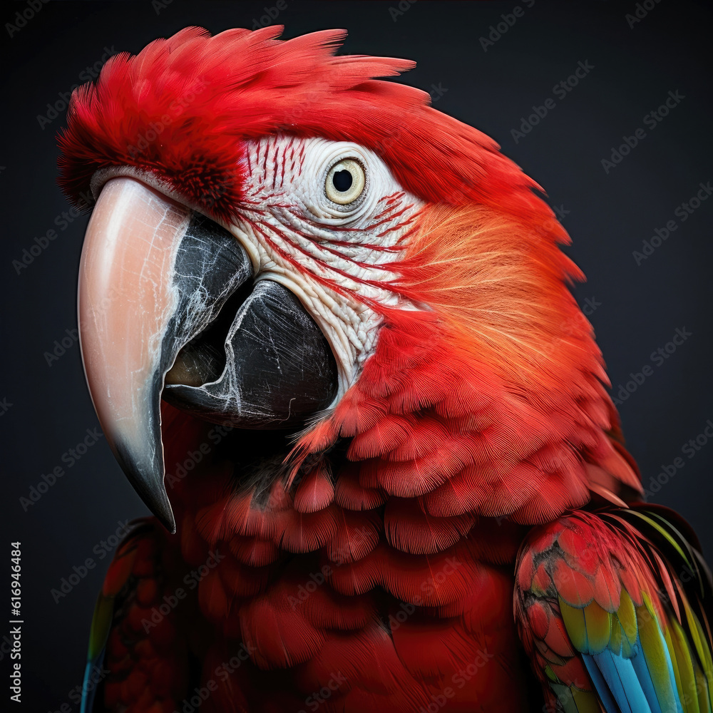 A vibrant closeup shot of a Scarlet Macaw (Ara macao) showcasing its high detail feathers and stunni