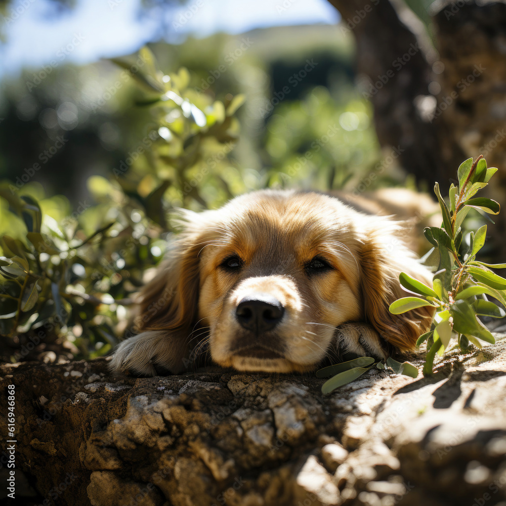 A contented puppy (Canis lupus familiaris) resting under the shade of ancient olive trees in a seren