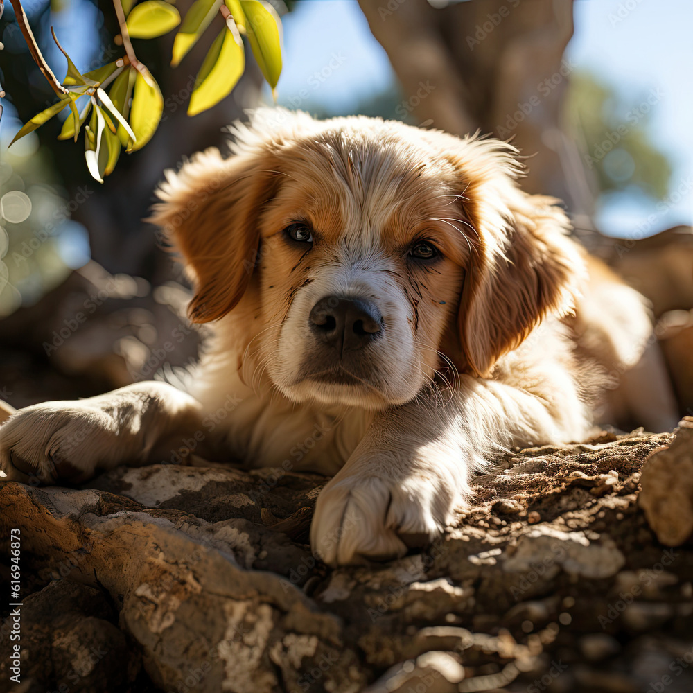 A contented puppy (Canis lupus familiaris) resting under the shade of ancient olive trees in a seren