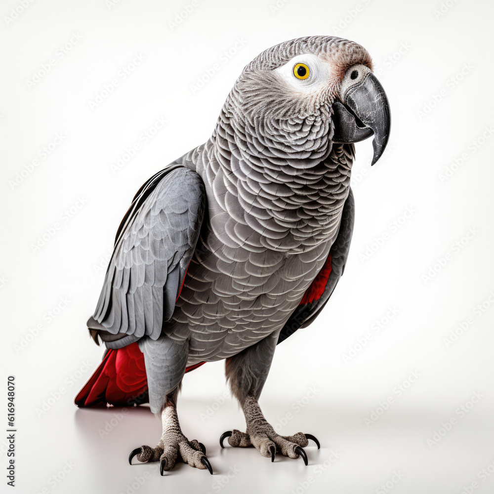 An exotic African Grey Parrot (Psittacus erithacus) perched majestically.