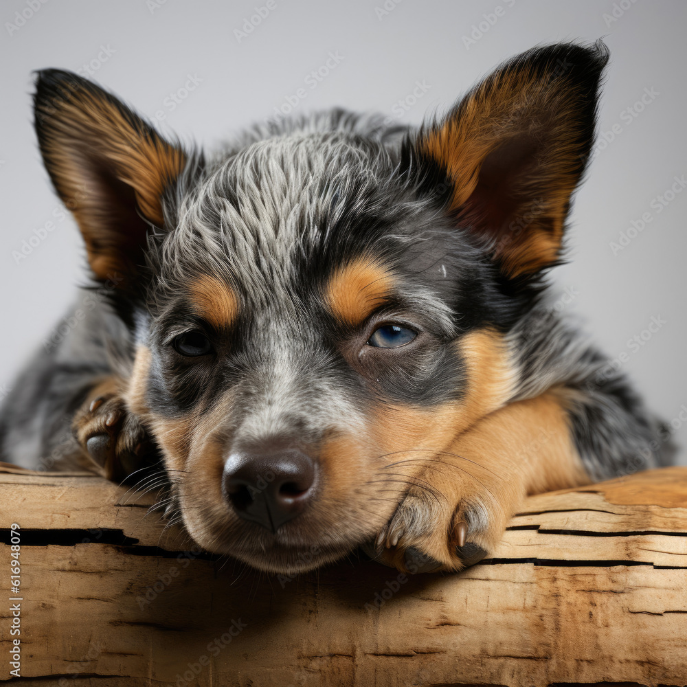 A Blue Heeler puppy (Canis lupus familiaris) curled up in a cozy sleeping position.