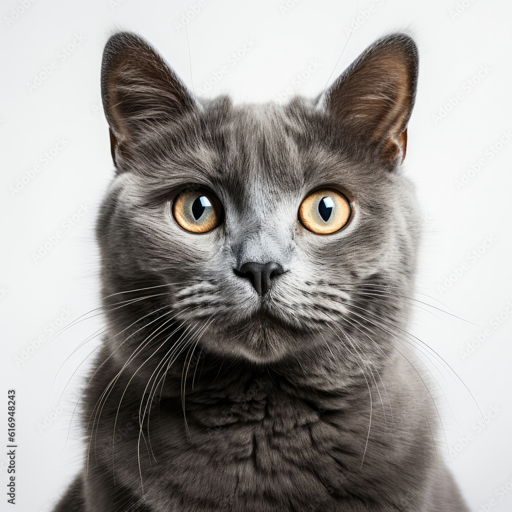 A Russian Blue cat (Felis catus) showcasing its dichromatic eyes.