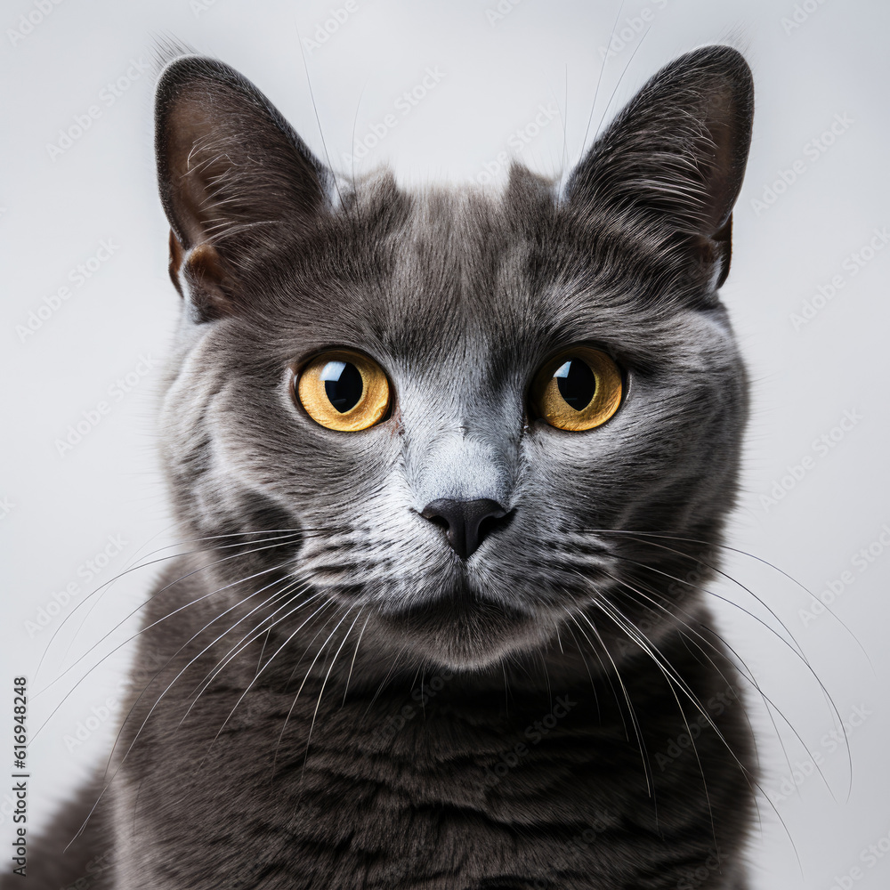 A Russian Blue cat (Felis catus) showcasing its dichromatic eyes.