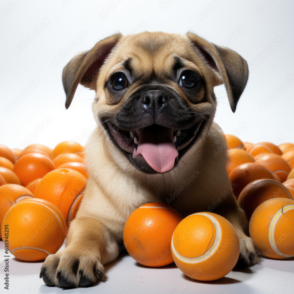 A cheerful Pug puppy (Canis lupus familiaris) happily playing with a toy.