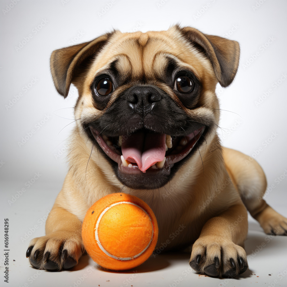 A cheerful Pug puppy (Canis lupus familiaris) happily playing with a toy.