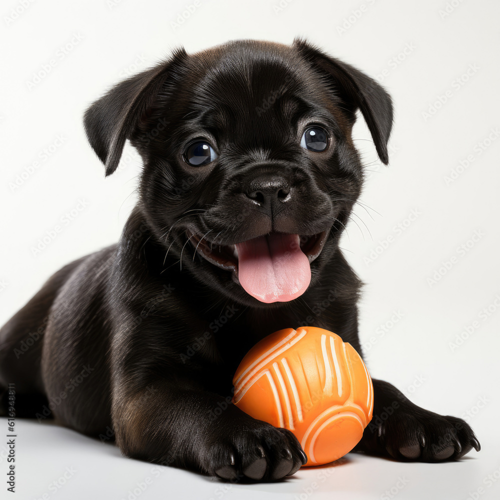 A mischievous Pug puppy (Canis lupus familiaris) happily chewing on a toy.