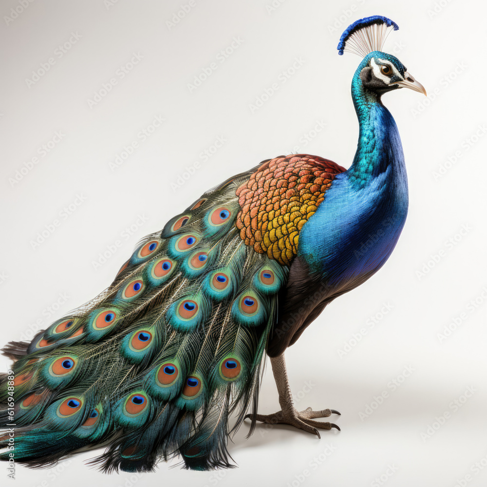 A majestic Peacock (Pavo cristatus) showing off its vibrant tail.