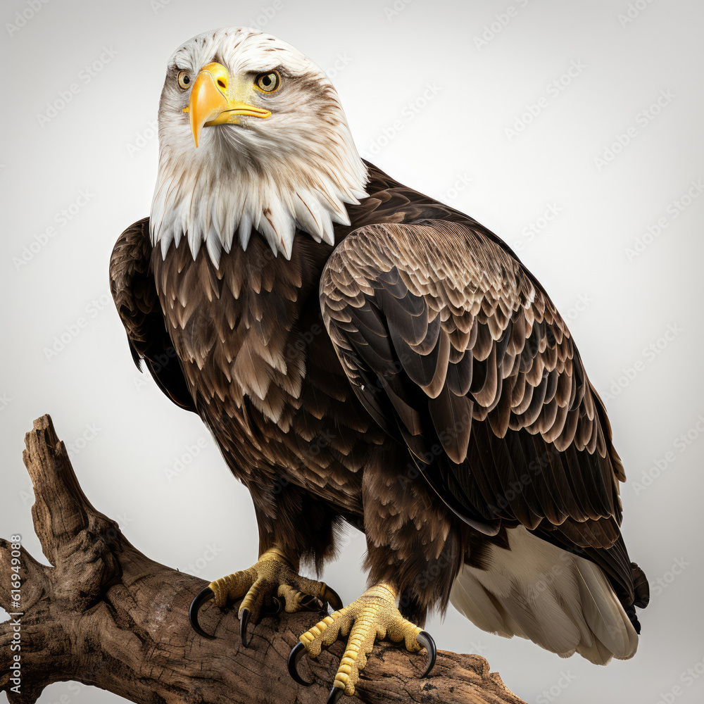 A majestic bald eagle perched on a tree branch, displaying its intense gaze.