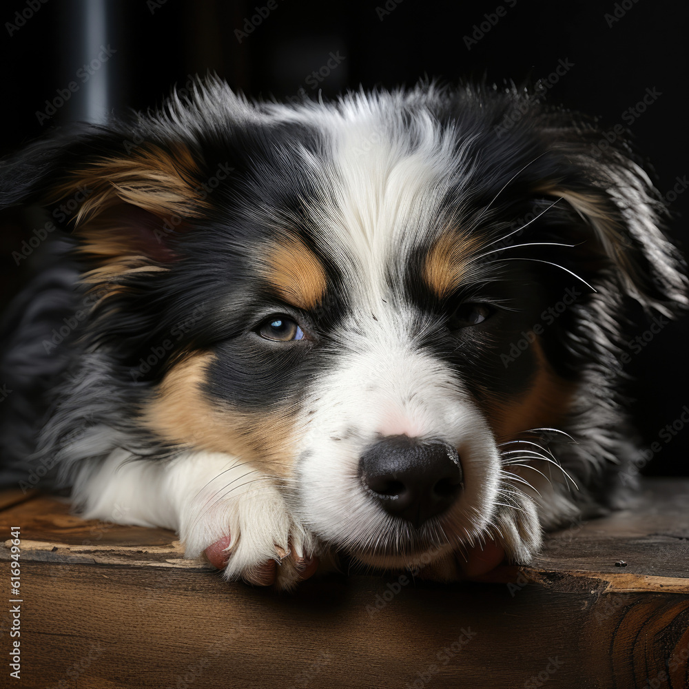 A sleeping Border Collie puppy (Canis lupus familiaris) with a merle coat, resting peacefully.