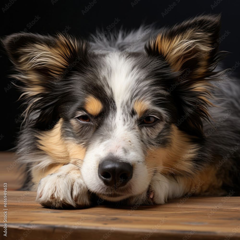 A sleeping Border Collie puppy (Canis lupus familiaris) with a merle coat, resting peacefully.