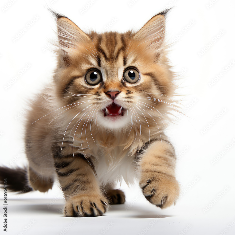 An eager Siberian Forest Cat kitten (Felis catus) chasing after a feather toy.