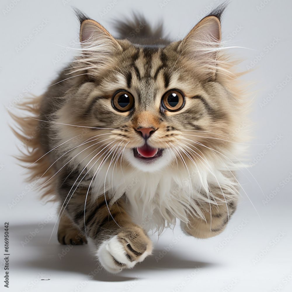 An eager Siberian Forest Cat kitten (Felis catus) chasing after a feather toy.