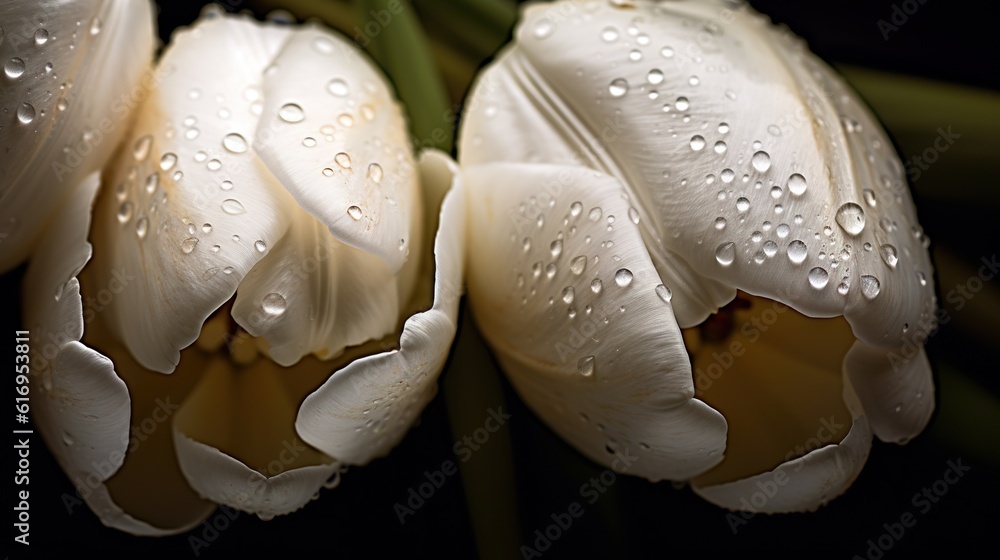 White Tulips flowers with water drops background. Closeup of blossom with glistening droplets. Gener