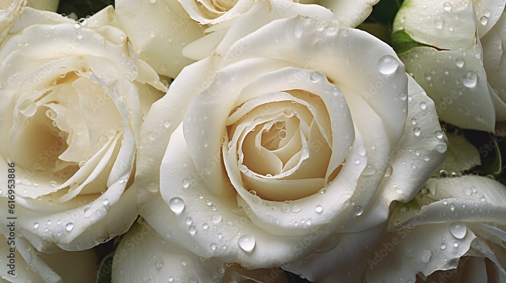 White Roses flowers with water drops background. Closeup of blossom with glistening droplets. Genera