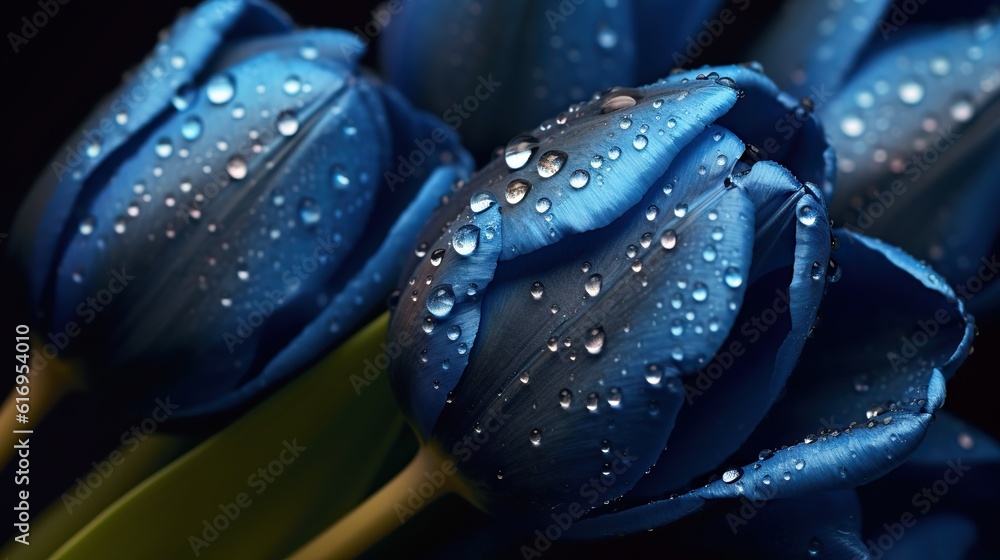 Blue Tulips flowers with water drops background. Closeup of blossom with glistening droplets. Genera