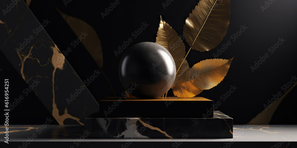 Podium made of black marble with gold, pedestal or platform. Advertising scene. Blank product stand.